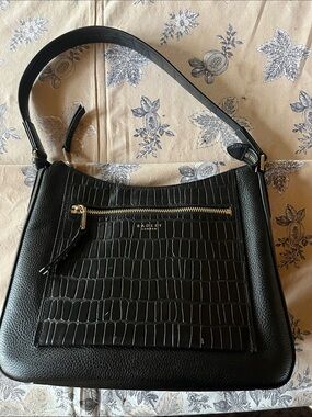RADLEY LONDON Black Croc-Embossed Leather Shoulder Bag with Gold Hardware